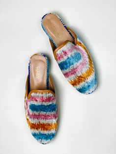 Istanbul Ikat Slides - Elysian by Em – Elysian by Emily Morrison Seaside Sunset, Traditional Prints, Shoe Molding, Green Chevron, Statement Shoe, Most Comfortable Shoes, Dyed Silk, Hand Dyed Silk, Silk Dyeing