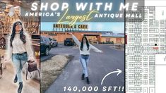 a woman is walking down the street with her arms in the air, and an ad for antique lake