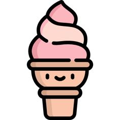 an ice cream cone with pink icing and smiling face on it's side