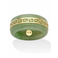 Modern style meets ancient tradition with this green or black jade ring. A highly polished gold "Greek Key" trim swirls around the center. 10k yellow gold accents on Black Jade or 14k yellow gold accents on green jade. As this item contains genuine jade, the actual stone colors may vary slightly. We recommend ordering one size up for this style. 47162RNG Size: 10.  Gender: female.  Age Group: adult. Jade Jewellery, Jade Rings, Palm Beach Jewelry, Green Rings, Skateboard Art, Jade Ring, Jade Jewelry, Rings Cool, Greek Key