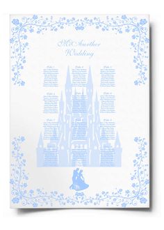 a blue and white disney castle wedding program