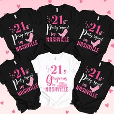 Celebrate your 21st birthday in style with this awesome matching Nashville birthday squad shirts! High Quality group shirts that will make you and your friends stand out in the crowd! Perfect for wearing on girls trip away! * 100% combed and ring-spun cotton * Fabric weight: 4.2 oz/yd² (142 g/m²) * Pre-shrunk fabric * Side-seamed construction * Shoulder-to-shoulder taping  (Please note the listing is for ONE t-shirt only) "21 & Gorgeous" T-shirt comes in WHITE All "21st Party Squad" shirts come Nashville 21st Birthday, Nashville Birthday, Birthday Squad Shirts, 21st Party, Squad Shirt, Group Shirts, 21st Birthday, Girls Trip, Unisex Shirt