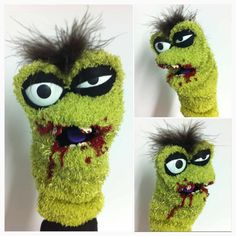 three pictures of an ugly hand puppet with hair and eyes