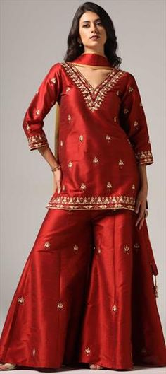 Red and Maroon color Salwar Kameez in Net, Raw Silk fabric with Embroidered, Resham work Designer Red Salwar Kameez With Dori Work, Red Dola Silk Kurta For Navratri, Navratri Red Dola Silk Kurta, Red Chanderi Salwar Kameez For Reception, Red Dola Silk Kurta For Eid, Red Chinon Churidar For Navratri, Red Chinon Churidar For Diwali, Navratri Red Chinon Churidar, Red Dola Silk Churidar With Zari Work