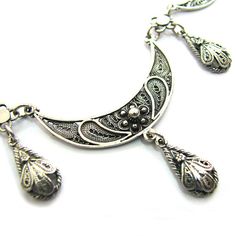 Third Quarter Moon, Quarter Moon, Silver Candlesticks, Filigree Necklaces, Twisted Wire, Filigree Design, Sterling Silver Filigree, Girls Jewelry, Moon Pendant