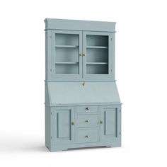 a blue cabinet with two doors and drawers