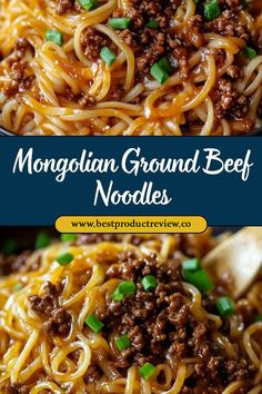 beef noodles with ground beef and green onions in a bowl