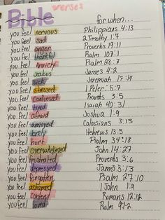 an open bible with the names of jesus and other words written in different colors on it