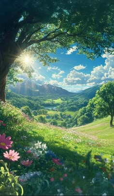 the sun shines brightly over a lush green field with trees and wildflowers