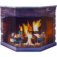 a brick fireplace with flames and logs in the center, on an isolated white background