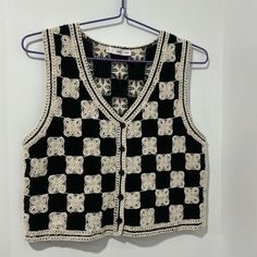 Condition: Brand New Crocheted Checkerboard Vest Fun, Unique, Vest Style. Open To Reasonable Offers. Checkered Crochet, Unique Vest, Basic Embroidery, Vest Style, Basic Embroidery Stitches, Crochet Vest, Vest Fashion, Black Crochet, White Crochet