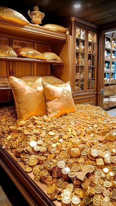 a bed with lots of gold coins on top of it in a room filled with shelves