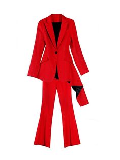 Be the best-dressed woman in the room with these red flared pant suits. The luxurious silk fabric is not only comfortable but also makes a statement. The long sleeve length and flared pants are perfect for a variety of body types and the casual style can be dressed up or down. Red Spring Formal Pantsuit, Red Office Sets For Spring, Elegant Red Sets For Fall, Elegant Fitted Set With Flare, Elegant Fitted Flare Set, Red Formal Sets For Spring, Formal Red Spring Sets, Red Workwear Sets For Fall, Elegant Red Pantsuit For Spring