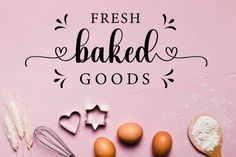 fresh baked goods are displayed on a pink background