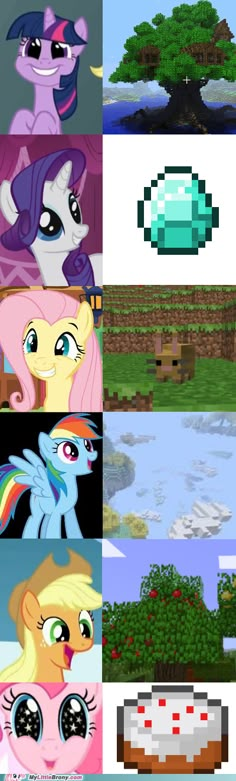 many different pictures of the same pony and apple tree in minecraft, with text that reads