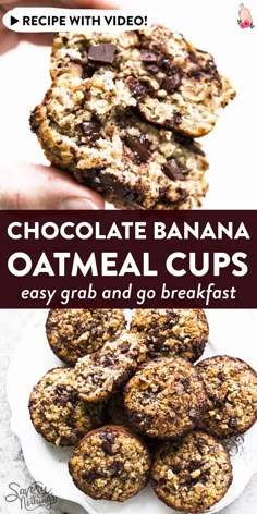 chocolate banana oatmeal cups are stacked on top of each other with the title