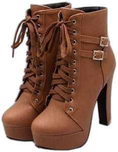 Brown High Ankle Heels For Spring, Winter Brown Platform Heels, Brown Heels With Buckle Closure For Fall, Casual Brown Winter Heels, Brown Synthetic Heels For Fall, Brown Lace-up Summer Boots, Brown Lace-up Boots For Summer, Brown Synthetic Heels For Winter, Stacked Heel Ankle Boots