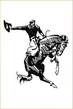 a black and white drawing of a man riding on the back of a horse