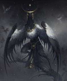 an angel with large wings and a crescent on its back is standing in the night sky