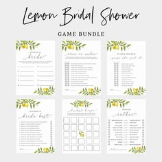 the lemon bridal shower game bundle is shown in green and yellow flowers with leaves