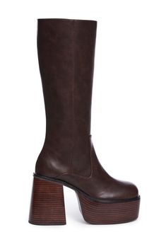 base 70s Outfits Gogo Boots, Brown Wide Calf Knee High Boots, Brown Platform Boots 70s, Brown Leather Platform Boots, 70s Brown Boots, Brown Gogo Boots, Platform Brown Boots, Brown Platform Boots Outfit, Boot Outfits For Women