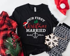 Celebrate love and the holidays with IKAYDesign’s Personalized Our First Christmas Married Shirts! Perfect for newlyweds, these New Married Christmas Shirts add a romantic touch to your festive wardrobe. Cozy up with your partner in matching Couple Christmas Shirts or coordinate your family look with our Christmas Pajamas. Whether it's a festive gathering or a cozy night in, our Xmas Holiday Tees bring joy, comfort, and personalization to your special moments. Customize yours now to make this Ch