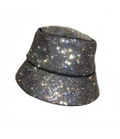 Rhinestone embellished hat. Trendy Rhinestone Hat, Trendy Rhinestone Party Hats, Trendy Party Hats With Rhinestones, Trendy Summer Hats With Rhinestones, Adjustable Bucket Hat With Curved Brim For Party, Glamorous Adjustable Hat With Rhinestones, Glamorous Adjustable Rhinestone Hat, Adjustable Summer Hats With Bling, Party Hats With Rhinestones And Short Brim