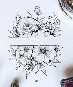 some flowers and butterflies are drawn on the side of a piece of paper with black ink