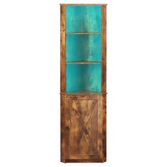 a tall wooden cabinet with blue glass doors