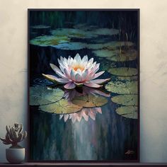 a painting of a white water lily on top of a pond