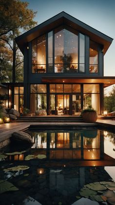 a large house that is next to a pond with water lilies on it and lights in the windows