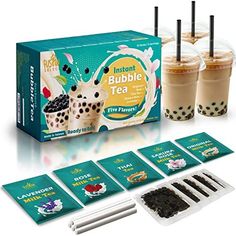 the instant bubble tea kit includes four cups and five packets with straws in them