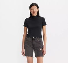 Effortless Short Sleeve T-shirt - Black | Levi's® US Trendy Fitted Mock Neck Top For Summer, Levi's Stretch Tops For Spring, Levi's Casual Stretch Tops, Trendy Levi's Tops For Fall, Fitted Cotton Turtleneck T-shirt, Fitted Black Levi's Top, Versatile Fitted T-shirt For Fall, Versatile Fitted Fall T-shirt, Casual High Neck Stretch T-shirt