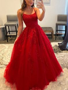 Silhouette:?A Line Waist: Natural Sleeve Length:?Sleeveless Fabric: Lace, Tulle Shown Color: Red Built-In Bra: Yes Tulle Dress Long, Red Lace Prom Dress, Red Ball Gown, Red Spaghetti, Lace Prom Dresses, Formal Dresses Graduation, Prom Dresses Elegant, Lace Ball Gowns, Homecoming Dresses Long