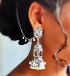 Silver plated Pearl Bird Cage jhumka earrings. Gopi Skirts, Oxidised Jhumka, Oxidized Jhumka, Handmade Jewelry Set, Jhumka Designs, Ear Chain, Oxidized Necklace, Bohemian Jewellery, Traditional Earrings