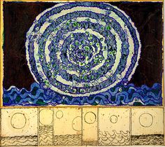 an abstract painting with blue and white circles in the center, on top of a brown background