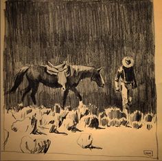 a drawing of two horses in the snow with a man standing next to one horse