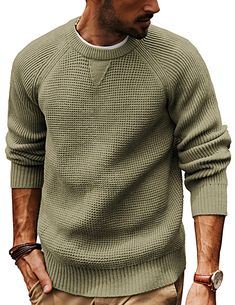 PRICES MAY VARY. Classic Design: Men waffle sweaters feature with raglan sleeve, crew neck, classic waffle textured, neckline with sweatshirt triangle design, ribbed neckline, sleeve cuffs and hemline. The classic crewneck design is easy to pair with various outfits. Dress it up with a collared shirt for a more polished look or wear it casually with jeans for a laid-back style Soft & Comfy Material: Men's pullover sweater is made of soft knitting elastic fabric, stretch, skin-friendly, warm and Men's Winter Sweater, Fall Clothes Men Casual, Pullover Sweaters Men, Men Fashion Inspo Outfits, Mens Winter Fashion Outfits Classy, Men’s Attire, Soft Male Outfits, Young Men Outfits, Young Mens Fashion Casual