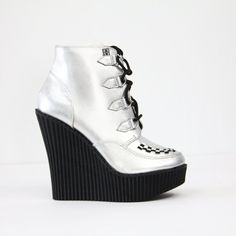 T.U.K Boots Size U.S. 6 Women New With Box Silver Leather Lace Up Eu 37 Wedge Heel 5" Platform 1.5" All Photos Are The Actual Shoes For Sale Fast Shipping Punk Ska Rave Festive Dancer Club Rare Fashion Spring High Heel Platform Wedge Sneakers, Casual Platform Wedge Heel Boots, Leather High Heel Wedge Boots With Lug Sole, Synthetic Wedge Heel Boots With Chunky Platform, Trendy Lace-up Platform Wedge Boots, High-top Synthetic Wedge Boots With Platform, Trendy High-top Platform Wedge Boots, Trendy Leather Lace-up Wedge Boots, Casual Platform Boots With Chunky Wedge Heel