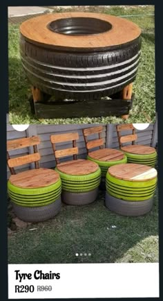 some chairs made out of old tires are sitting in the grass