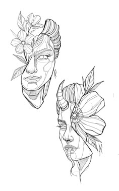 two faces with flowers in their hair and one has a flower on its head, the other is a woman's face