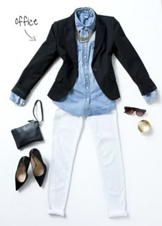 White Dress Pants, Mode Casual, Outfit Jeans, Work Style, Chambray Shirt, 가을 패션, Work Wardrobe, Stitch Fix Style, Black Blazer