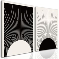 two black and white canvases with sun rays in the middle, one on each side