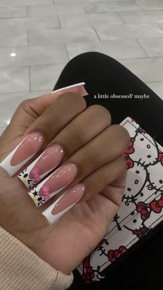 Medium Length Simple Nails, Hello Kitty Nail Set, Short Hello Kitty Nails, Hello Kitty Nail Ideas, Hello Kitty Acrylic Nails, Kitty Nails, Hard Nails, Girly Acrylic, Colored Acrylic Nails