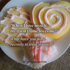 two pastries on a white plate with a quote from the famous tv show twin flame loves me