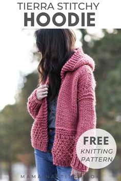 a woman wearing a pink knitted hoodedie with text overlay that reads, free knitting pattern