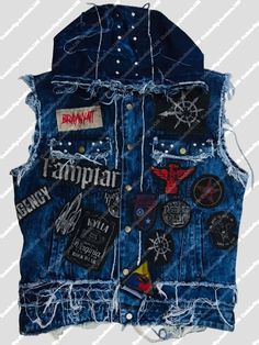 Edgy Medium Wash Outerwear For Streetwear, Trendy Hooded Blue Denim Jacket, Trendy Blue Hooded Denim Jacket, Trendy Winter Denim Hoodie, Hooded Dark Wash Cotton Denim Jacket, Edgy Denim Outerwear For Alternative Fashion, Edgy Denim Vest For Fall Streetwear, Punk Style Denim Vest For Fall Streetwear, Edgy Denim Blue Outerwear For Streetwear