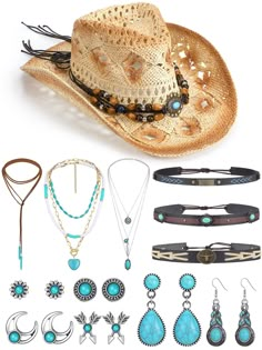 PRICES MAY VARY. Package Includes: you will receive 1 piece woven straw cowboy hat with 3 pieces of hat bands, 4 pieces of turquoise necklaces, 6 pairs of turquoise earrings, enough to meet your decoration need on various occasions Women Turquoise Jewelry: turquoise is a symbol of luck and happiness, warmth, beauty and strength, the jewelry set is designed in Bohemian style, which will make you look more attractive and eye catching in the crowd Comfort to Wear: the cowboy hat is made of straw, d Cowboy Hat Band, Cowboy Hat Bands, Turquoise Stone Jewelry, Turquoise Necklaces, Cowgirl Dresses, Cowgirl Accessories, Hat Bands, Painted Hats, Straw Cowboy Hat