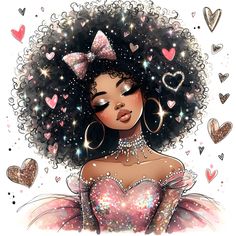 an illustration of a woman with afro hair and hearts around her neck, wearing a pink dress