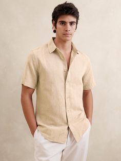 Slim Linen-Blend Shirt | Banana Republic Factory Beige Button Closure Shirt For Summer, Beige Summer Shirt With Button Closure, Beige Camp Shirt With Button Closure, Beige Camp Shirt With Button Closure And Camp Collar, Beige Camp Shirt With Camp Collar And Button Closure, Beige Camp Collar Shirt With Button Closure, Classic Beige Tops For The Beach, Classic Beige Tops For Beach, Classic Beige Top For Beach